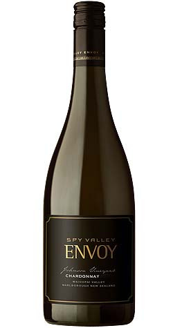 Bottle of Spy Valley 'Envoy Johnson Vineyard' Chardonnay, Marlborough NZ 2016 white wine with citrus and oak.