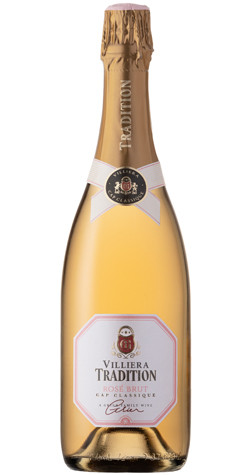 Bottle of Villiera Tradition Brut MCC, Stellenbosch NV sparkling rosé wine with floral notes.