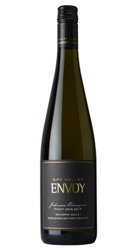 Bottle of Spy Valley 'Envoy Johnson Vineyard' Pinot Gris, Marlborough NZ 2017 white wine with tropical and floral notes.