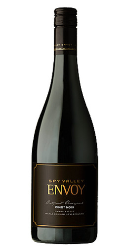 Bottle of Spy Valley 'Envoy Johnson Vineyard' Pinot Noir, Marlborough NZ 2016 red wine with red fruit and spice.