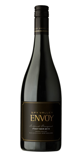 Bottle of Spy Valley 'Envoy Outpost Vineyard' Pinot Noir, Marlborough 2015 red wine with dark fruit and spice.