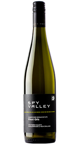 Bottle of Spy Valley "Handpicked Single Estate" Pinot Gris, Marlborough NZ 2020 white wine with tropical and citrus notes.