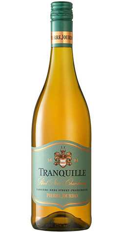 Bottle of Pierre Jourdan 'Tranquille' Pinot Noir / Chardonnay, Western Cape NV wine with citrus and tropical notes.