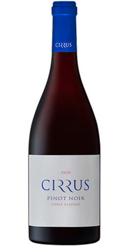 Bottle of Cirrus Pinot Noir, Ceres Plateau wine with dark fruit and earthy notes.