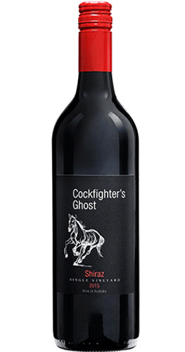 Bottle of Cockfighter's Ghost Shiraz 2017, McLaren Vale wine with dark fruit and spice.