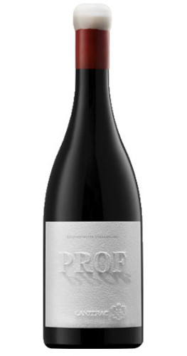 Bottle of Lanzerac 'Prof' Cinsault / Pinot Noir, Stellenbosch 2022 red wine with dark fruit and floral notes.