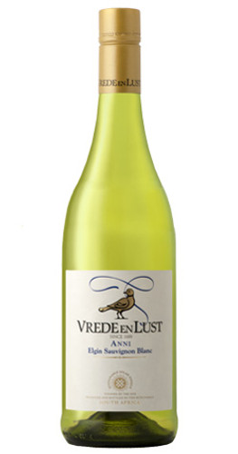 Bottle of Vrede en Lust 'Anni' Sauvignon Blanc, Casey's Ridge, Elgin 2023 white wine with fresh citrus flavors.