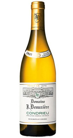 A bottle of J. Denuzière 'Condrieu' Viognier, Northern Rhône 2017 white wine with notes of vanilla-orange ice cream and honeydew melon.
