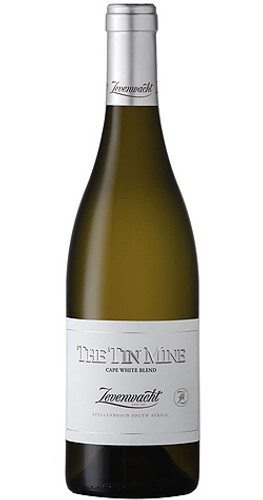 Bottle of Zevenwacht The Tin Mine White Blend, Stellenbosch 2023 wine with tropical and citrus notes.