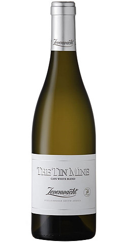 Bottle of Zevenwacht The Tin Mine White Blend, Stellenbosch 2023 wine with tropical and citrus notes.