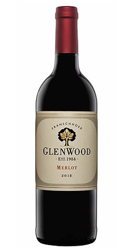 Bottle of GlenWood Merlot, Franschhoek 2022 red wine with plum and chocolate flavors.