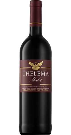 Bottle of Thelema Merlot, Stellenbosch 2020 red wine with plum and spice flavors.