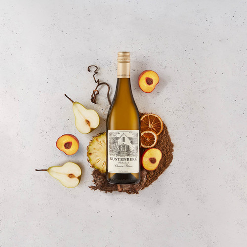 Bottle of Rustenberg Chenin Blanc, Stellenbosch 2023 white wine with citrus and floral notes. Bottle of white wine surrounded by tasting note elements.