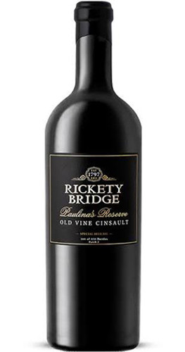 Bottle of Rickety Bridge 'Paulina's Reserve Old Vine Cinsault' Cinsault, Paarl 2022 red wine with dark fruit and spice.