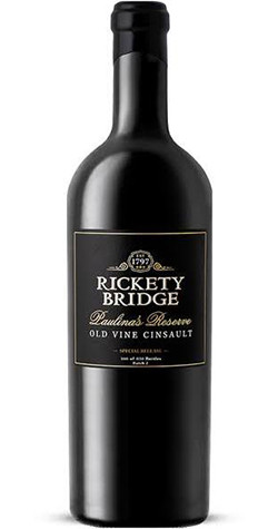 Bottle of Rickety Bridge 'Paulina's Reserve Old Vine Cinsault' Cinsault, Paarl 2022 red wine with dark fruit and spice.