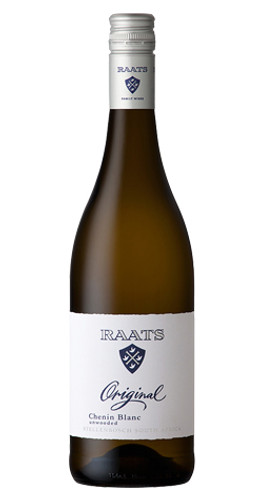 Bottle of Raats Original Chenin Blanc, Stellenbosch 2022 white wine with citrus and floral notes.