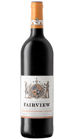 Bottle of Fairview Cabernet Sauvignon, Coastal 2021 red wine with blackberry and oak.