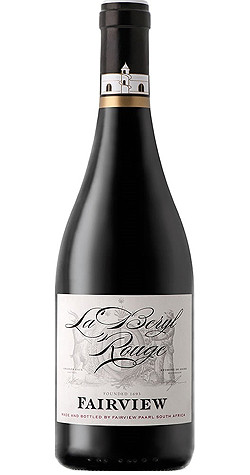 Bottle of Fairview 'La Beryl Rouge' Tannat, Paarl 2021 red wine with dark fruit and spice.