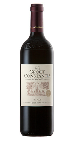 Bottle of Groot Constantia Shiraz, Constantia 2021 red wine with dark fruit and pepper.