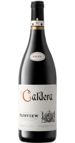 Bottle of Fairview 'Caldera' Rhone-Blend, Coastal Region 2022 wine with dark fruit and spice.