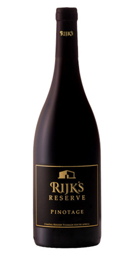 Bottle of Rijk's Cellar Reserve Pinotage, Tulbagh 2019 red wine with dark fruit and spice.
