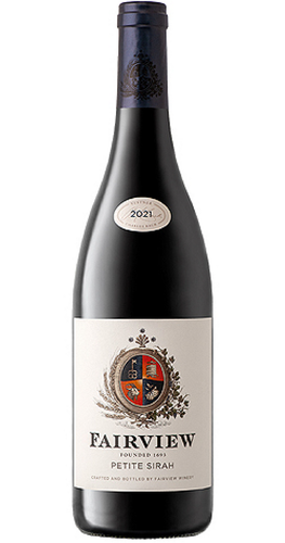 A bottle of Fairview Petite Sirah 2021 vintage from Paarl, South Africa.