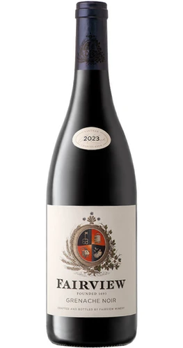 A bottle of Fairview Grenache Noir 2023 red wine, from the Paarl region in South Africa.