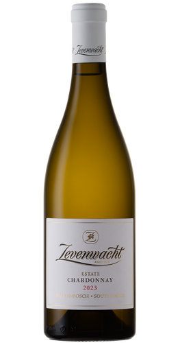 Bottle of Zevenwacht Chardonnay 2023 from Stellenbosch, with fruit, oak and almonds.