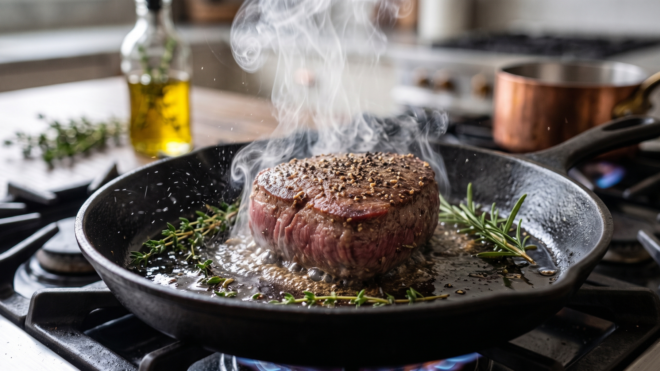 Steak searing in a cast iron skillet