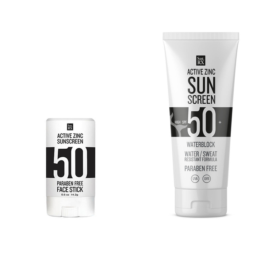SolRX SPF50 Zinc waterblock sports sunscreen lotion and solrx zinc stick pack