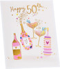 Pink & Gold Drinks Design 50th Birthday Card