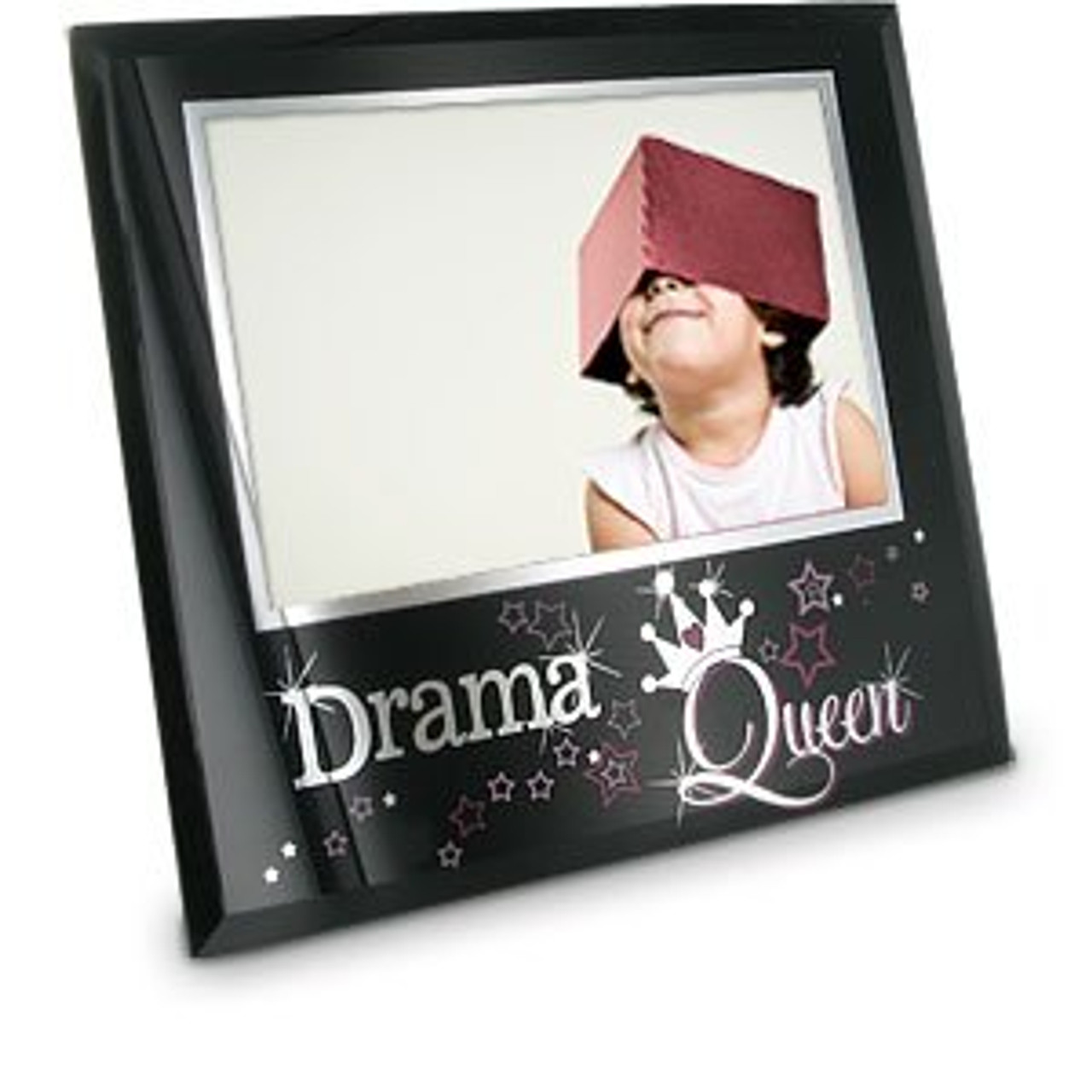 celebrations glass photo frame in black with the word "drama queen" in  mirror effect
