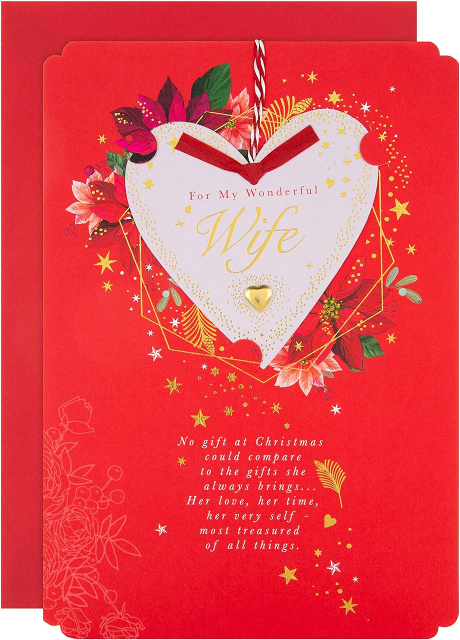 Red Heart Floral Traditional Heart Design with Heartfelt Verse Wife  Christmas Card