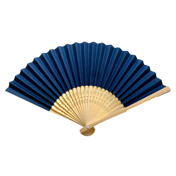 Dark Blue Paper Hand Held Bamboo and Wooden Fan