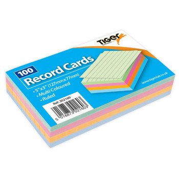 100 Sheet Pack of Record Flash Cards Coloured Study Revision Coloured 5x3"