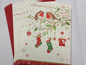 Pack of 24 'Tree Robins & Present' Design Christmas Greeting Cards