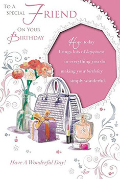 Friend Birthday Card  Happy Birthday Flowers, Handbag, Gift & Perfume 9" x 6"