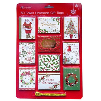 Pack Of 50 Foiled Traditional Christmas Gift Tags: 10 Different Designs And Gold Metallic Thread