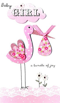 New Baby Girl Stork Luxury Champagne Greeting Card Hand-Finished Cards