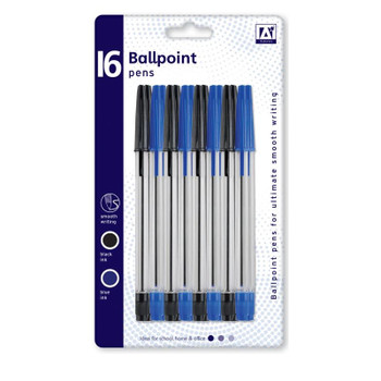 Pack of 16 Ballpoint Pens Blue and Black Ink