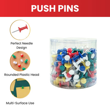 Pack of 200 Assorted Coloured Push Pins in Tub Pack of 200 Assorted Coloured Push Pins in Tub