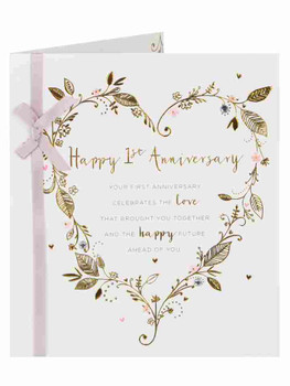 Gold Floral Heart Wreath 1st Anniversary Cards