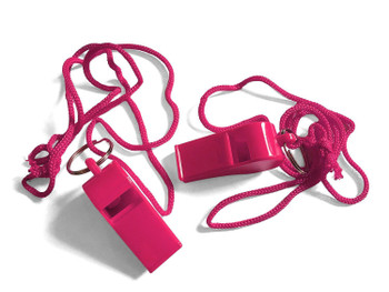 Bag of 100 Pink Plastic Whistles with Lanyard Neck Cord