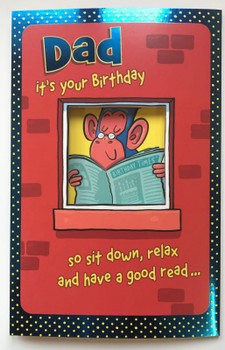 UK Greetings Dad Fold Out Birthday Card Monkey Reading 10" x 6.5" Code 406971--1