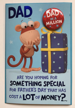 Funny Monkey With Present Father's Day Card With Badge Dad In a Million