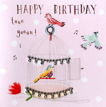 Singing Birds Birthday Card Hand-Finished Marshmallow