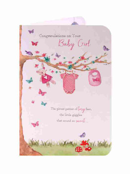 Congratulations Birth Of New Baby Girl Items Hanging From Tree Greeting Card