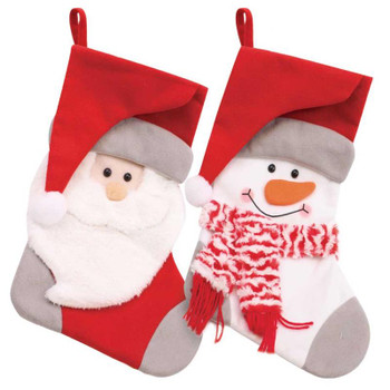 Christmas Santa And Snowman Head Design Red And Grey Kids Stocking