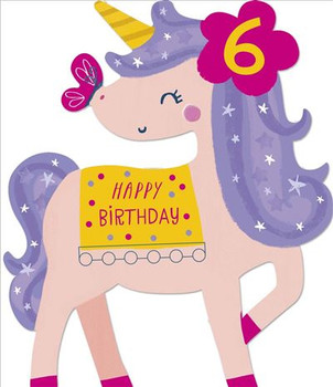 Girls 6th Birthday Card Unicorn Foil and Pom Pom Finish