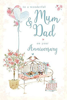 Mum & Dad Anniversary Card with Chocolates & Presents on a Bench and Foil Finish